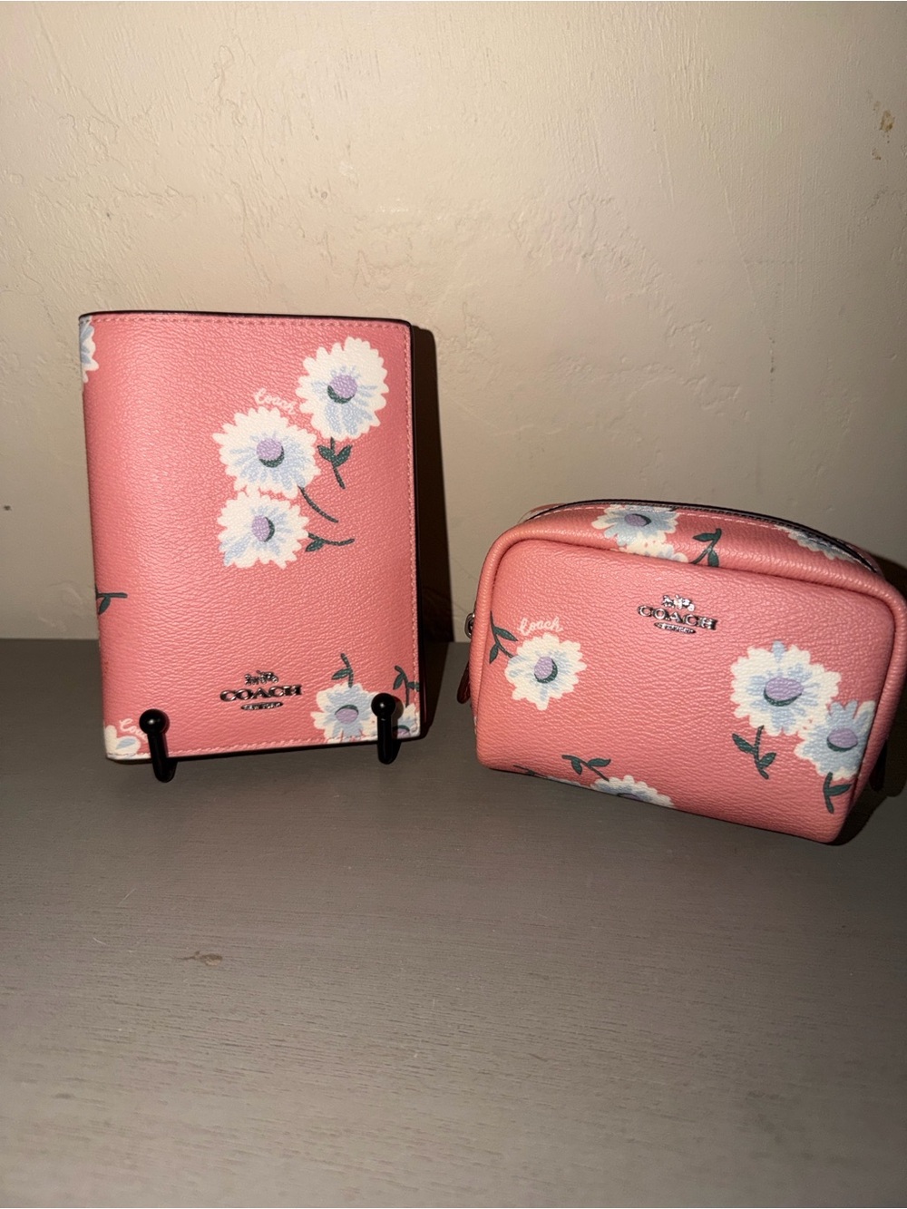 Coach Coral Pink Floral Leather Wallet & Cosmetic Pouch Set